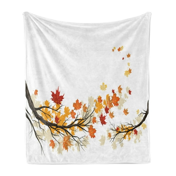 Fall Soft Flannel Fleece Throw Blanket, Swirling Bended Autumn Tree Branches Colored Leaves Pastoral Season Theme, Cozy Plush for Indoor and Outdoor Use, 50" x 60", Marigold Dark Orange, by Ambesonne