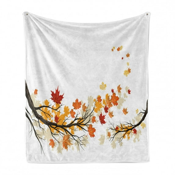 Fall Soft Flannel Fleece Throw Blanket, Swirling Bended Autumn Tree Branches Colored Leaves Pastoral Season Theme, Cozy Plush for Indoor and Outdoor Use, 60" x 80", Marigold Dark Orange, by Ambesonne