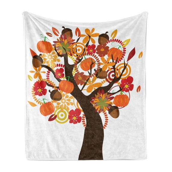 Fall Soft Flannel Fleece Throw Blanket, Tree with Fall Elements Flowers Leaves Pumpkins Acorns Season Harvest Nature, Cozy Plush for Indoor and Outdoor Use, 70" x 90", Multicolor, by Ambesonne