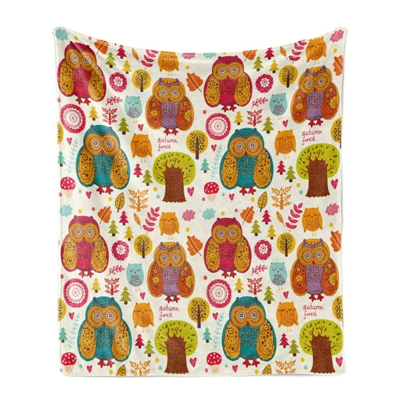 Fall Soft Flannel Fleece Throw Blanket, Vintage Ornate Large Eyed Nocturnal Animal Owls on the Background Print, Cozy Plush for Indoor and Outdoor Use, 50" x 60", Multicolor, by Ambesonne