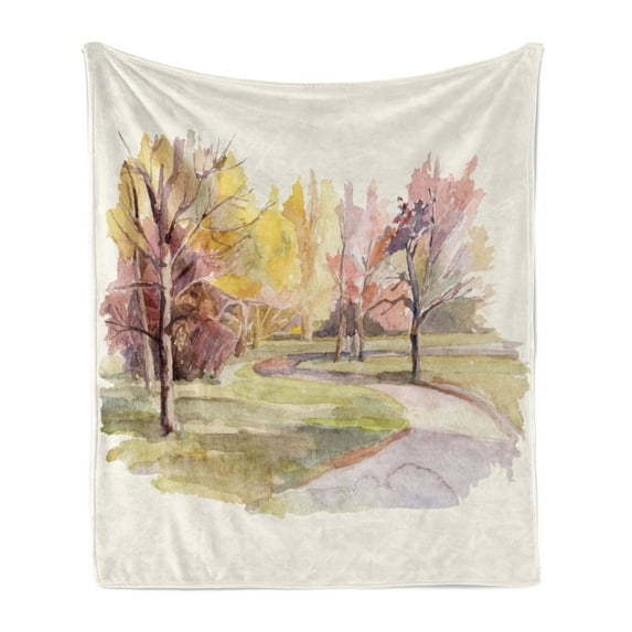 Fall Soft Flannel Fleece Throw Blanket, Watercolor Style Autumn Landscape with a Road Among the Trees Rural Environment Eco, Cozy Plush for Indoor and Outdoor Use, 50" x 70", Multicolor, by Ambesonne