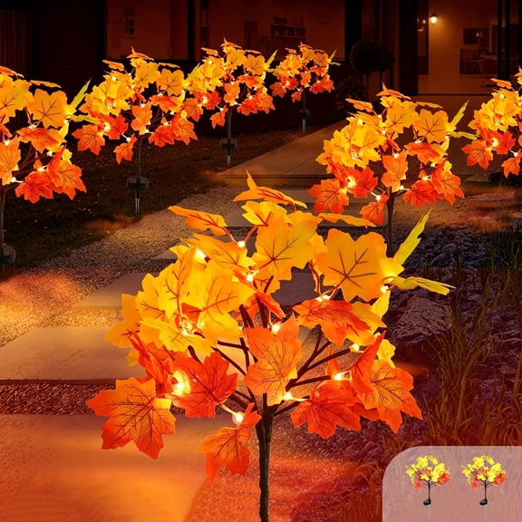Fall Solar Lights Outdoor, 2 Pack 40 LEDs Red & Yellow Maple Leaves Solar Garden Lights, Maple Tree Stake Lights Pathway Lights Outdoor Waterproof, Maple Leaf Decor for Fall Autumn Thanksgiving