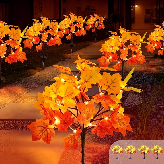 Fall Solar Lights Outdoor, 4 Pack 80 LEDs Red & Yellow Maple Leaves Solar Garden Lights, Maple Tree Stake Lights Pathway Lights Outdoor Waterproof, Maple Leaf Decor for Fall Autumn Thanksgiving