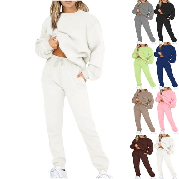 Fall Solid Basic Tees Set Sweatsuit Women 2 Piece Outfits Oversized Crew Neck Sweatshirt Jogger Pants Set with Pockets Soft Loungewear Streetwear Tracksuit Outfit White L