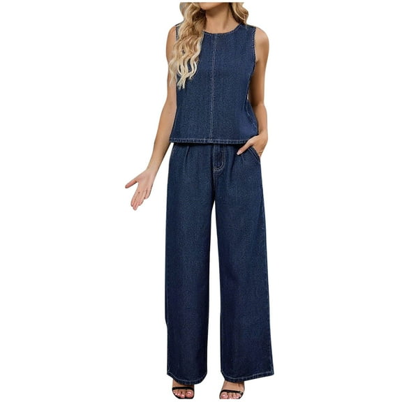 Fall Solid Basic Tees Sweatsuits Two Piece Denim Sets for Women Casual Sleeveless Cropped Tank Tops Wide Leg Jean Pants Elegant Casual Outfits Blue M