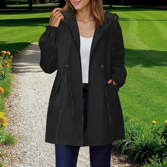 Fall Solid Color Hooded Waterproof Jackets for Women Lightweight Travel Waterproof Rain Jacket with Pockets Hiking Drawstring Waist Long Sleeve Cuffed Coat