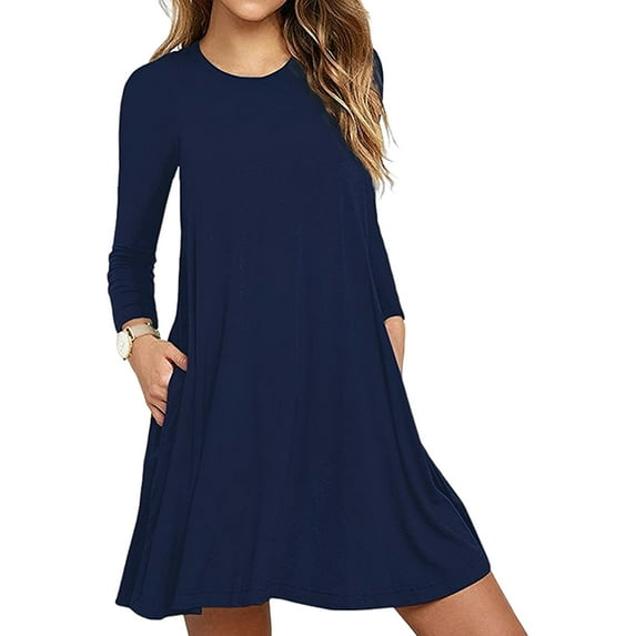 Fall Spring Dress Round Neck A-line Pockets Loose Big Hem Long Sleeves Mini Dress Pure Color Casual Dating Shopping Short Dress