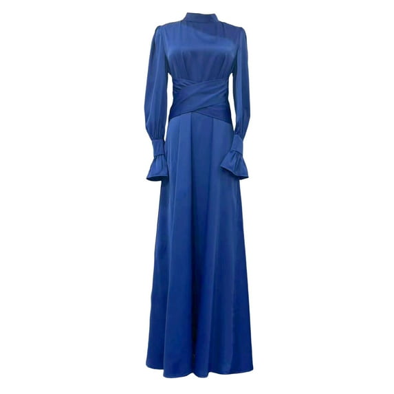 Fall Spring Lady Dress Puff Sleeves Tight Waist Stand Collar Pure Color A-line Pleated Shopping Commuting Party Prom Maxi Dress