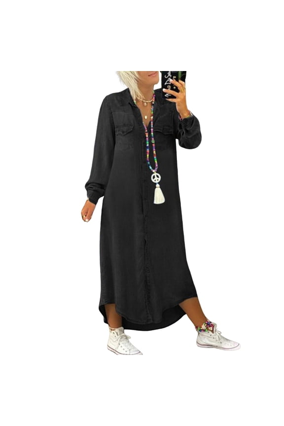 Fall Spring Lady Dress Single-breasted Lapel Loose Long Sleeves Chest Pocket Split Hem Plus Size Dress Solid Color Buttons A-line Daily Wear Maxi Dress