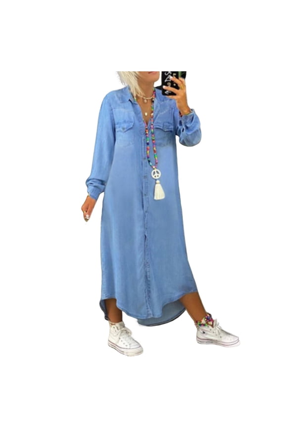 Fall Spring Lady Dress Single-breasted Lapel Loose Long Sleeves Chest Pocket Split Hem Plus Size Dress Solid Color Buttons A-line Daily Wear Maxi Dress