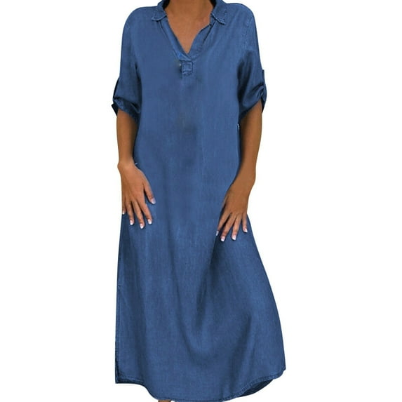 Fall Spring Lady Dress V Neck Loose Short Sleeves with Cufflink Split Hem Plus Size Dress Solid Color Buttons Pullover A-line Daily Wear Beach Maxi Dress
