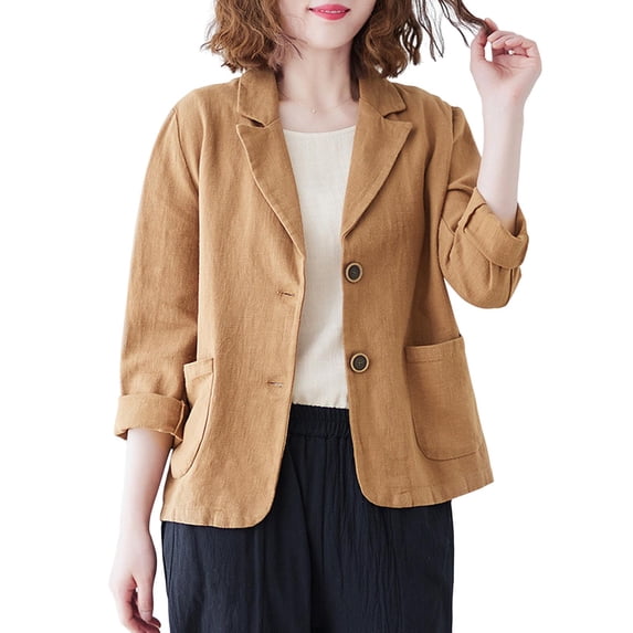 Fall Spring Suit Coat Turn-down Collar Loose Long Sleeves Pure Color Double Buttons Cardigan Casual Daily Wear Jacket