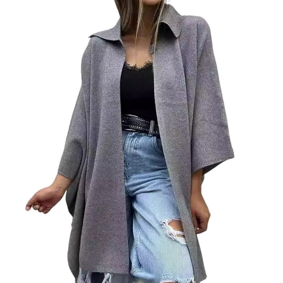 Fall Spring Women Coat Irregular Hem Loose Open Stitch Solid Color Dolman Sleeve Poncho Turn-down Collar Cardigan Dating Commuting Cape Jacket