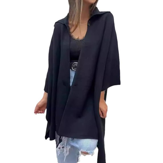 Fall Spring Women Coat Irregular Hem Loose Open Stitch Solid Color Dolman Sleeve Poncho Turn-down Collar Cardigan Dating Commuting Cape Jacket