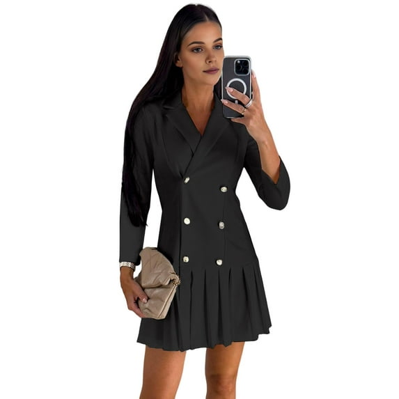Fall Spring Women Dress Double-breasted Slim Fit Pleated Hem Turn-down Collar Long Sleeves V Neck Formal Business Style Office Mini Dress