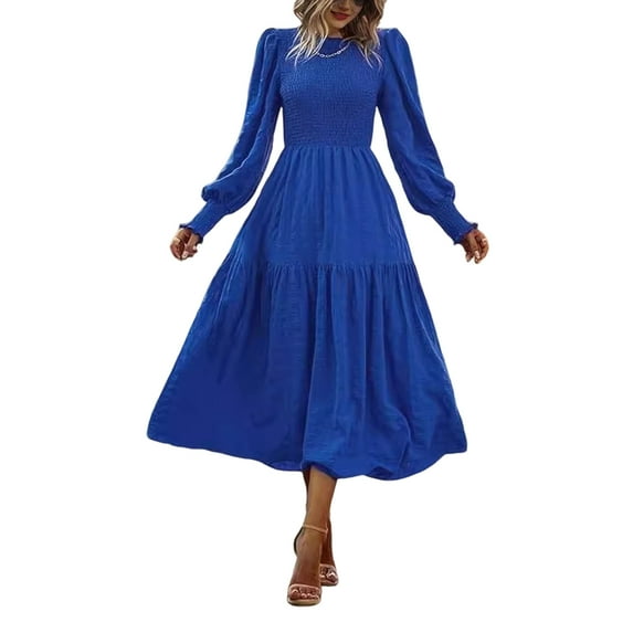 Fall Spring Women Dress Long Lantern Sleeves A-line Patchwork Round Neck Solid Color Pleated Bohemian Style Midi Dress Party Dating Dress