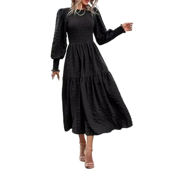 Fall Spring Women Dress Long Lantern Sleeves A-line Patchwork Round Neck Solid Color Pleated Bohemian Style Midi Dress Party Dating Dress