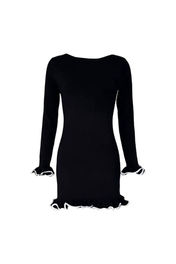 Fall Spring Women Dress Ruffle Hem And Cuffs Slim Fit Sheath Long Sleeves Solid Color Knitted Stretchy Prom Party Mini Dress