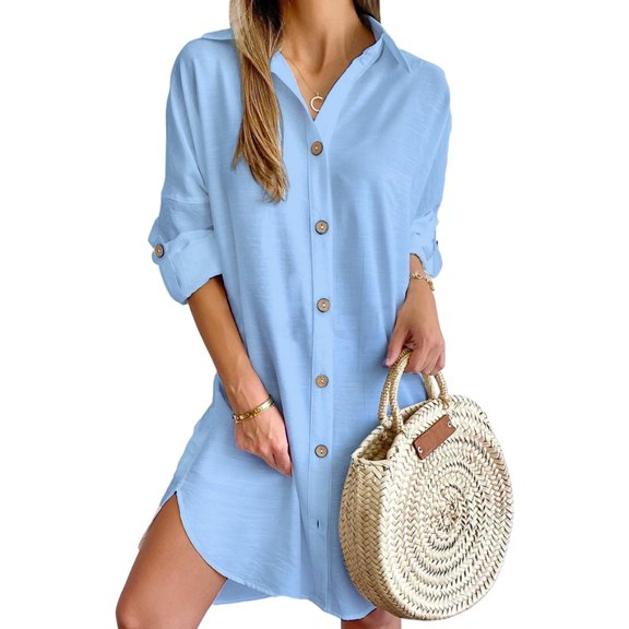 Fall Spring Women Dress Shirt Type Single-breasted Split Hem Loose Solid Color Buttons with Cufflink Above Knee Length Mini Dress