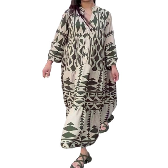 Fall Spring Women Dress Stand Collar Color Matching Printed Bohemian Single-breasted Pleated Patchwork A-line Loose Maxi Dress