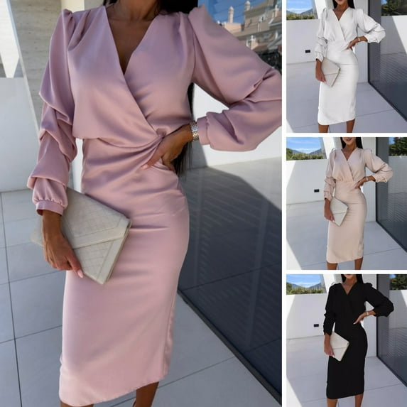 Fall Spring Women Dress - V Neck Bubble Sleeves Formal Business Style Slim Fit Solid Color High Waist OL Commuting Office Midi Dress