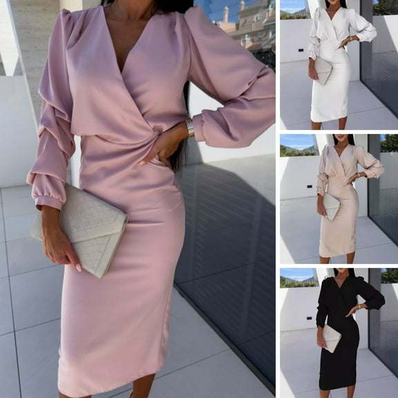 Fall Spring Women Dress - V Neck Bubble Sleeves Formal Business Style Slim Fit Solid Color High Waist OL Commuting Office Midi Dress