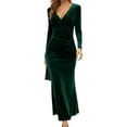 thumbnail image 1 of Fall Spring Women Evening Dress Long Sleeves Slim Fit Pure Color Fishtail Hem Velvet V Neck Prom Cocktail Party Midi Dress, 1 of 8
