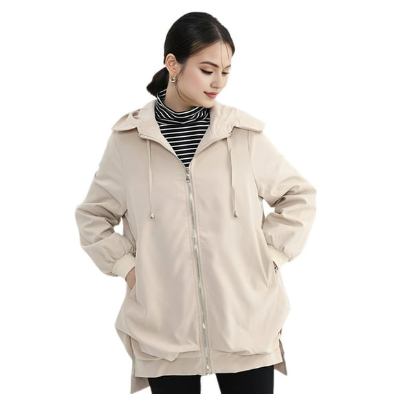 Fall Spring Women Jacket Short Front Long Back Split Hem Hooded Drawstring Zipper Closure Cardigan Windproof Outdoor Overcoat Travel Camping Coat