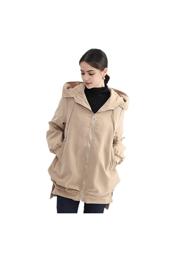 Fall Spring Women Jacket Short Front Long Back Split Hem Hooded Drawstring Zipper Closure Cardigan Windproof Outdoor Overcoat Travel Camping Coat