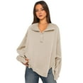 thumbnail image 1 of Fall Spring Women Sweatshirt Loose Turn-down Collar Lantern Sleeves Loose Solid Color Side Slit Buttoned Solid Color Sport Daily Wear Casual Top, 1 of 8