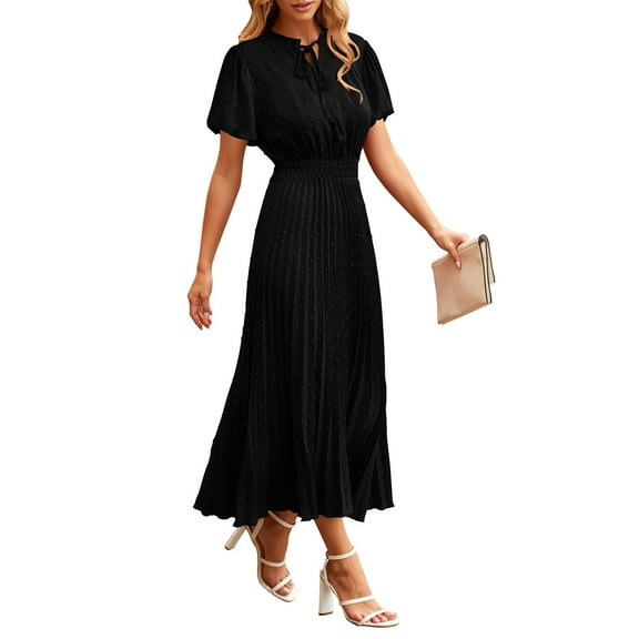 Fall Spring Women Sweet Dress Dot Print Pleated High Tight Waist Midi Dress Lace Up V Neck Shirring Collar Short Sleeve Long Style Elegant Atmospheric Loose Lady Dress Black XL