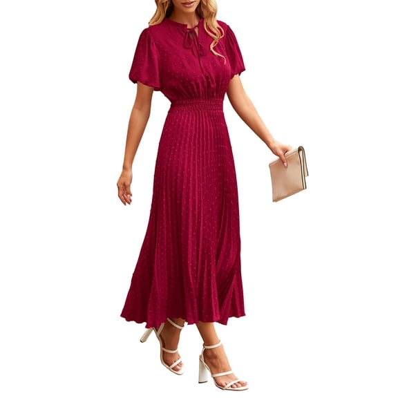 Fall Spring Women Sweet Dress Dot Print Pleated High Tight Waist Midi Dress Lace Up V Neck Shirring Collar Short Sleeve Long Style Elegant Atmospheric Loose Lady Dress Wine S