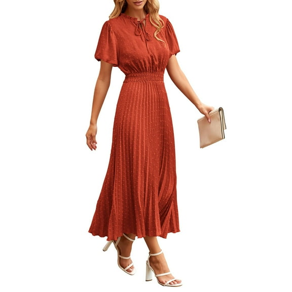 Fall Spring Women Sweet Dress Dot Print Pleated High Tight Waist Midi Dress Lace Up V Neck Shirring Collar Short Sleeve Long Style Elegant Atmospheric Loose Lady Dress Orange S