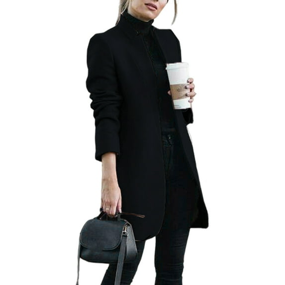 Fall Spring Women Woolen Coat Stand Collar Open Stitch Slim Fit Overcoat Long Sleeves Mid Length Solid Color OL Commuting Formal Coat