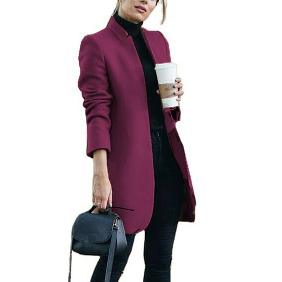 Fall Spring Women Woolen Coat Stand Collar Open Stitch Slim Fit Overcoat Long Sleeves Mid Length Solid Color OL Commuting Formal Coat