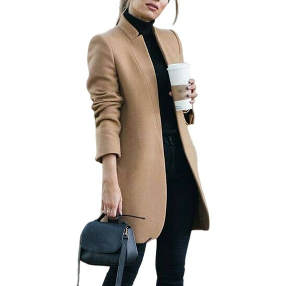 Fall Spring Women Woolen Coat Stand Collar Open Stitch Slim Fit Overcoat Long Sleeves Mid Length Solid Color OL Commuting Formal Coat