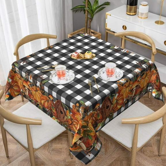Fall Square Tablecloth 52×52 Inch Fall Pumpkin Black and White Buffalo Check Table Cloth Small Square Tablecloths Indoor Outdoor Washable Wrinkle Free Stain Resistant Waterproof Fabric Table Cover