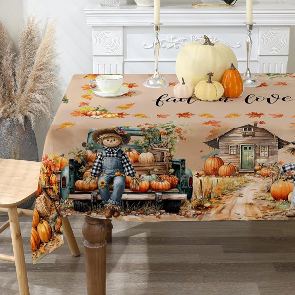 Fall Square Tablecloth 52x52 Inches, Scarecrow Pumpkins Truck Fall Decorations for Home - Water Resistant Thanksgiving Table Cloth Rectangle for Party, Dinner, Indoor