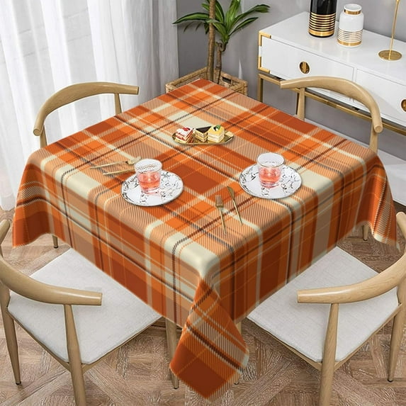 Fall Square Tablecloth 60x60 Inch Autumn Orange Checkered Table Cloth Square Autumn Holiday Tablecloth Fall Orange and White Buffalo Plaid Table Cover for Fall Picnic Kitchen Dining Party