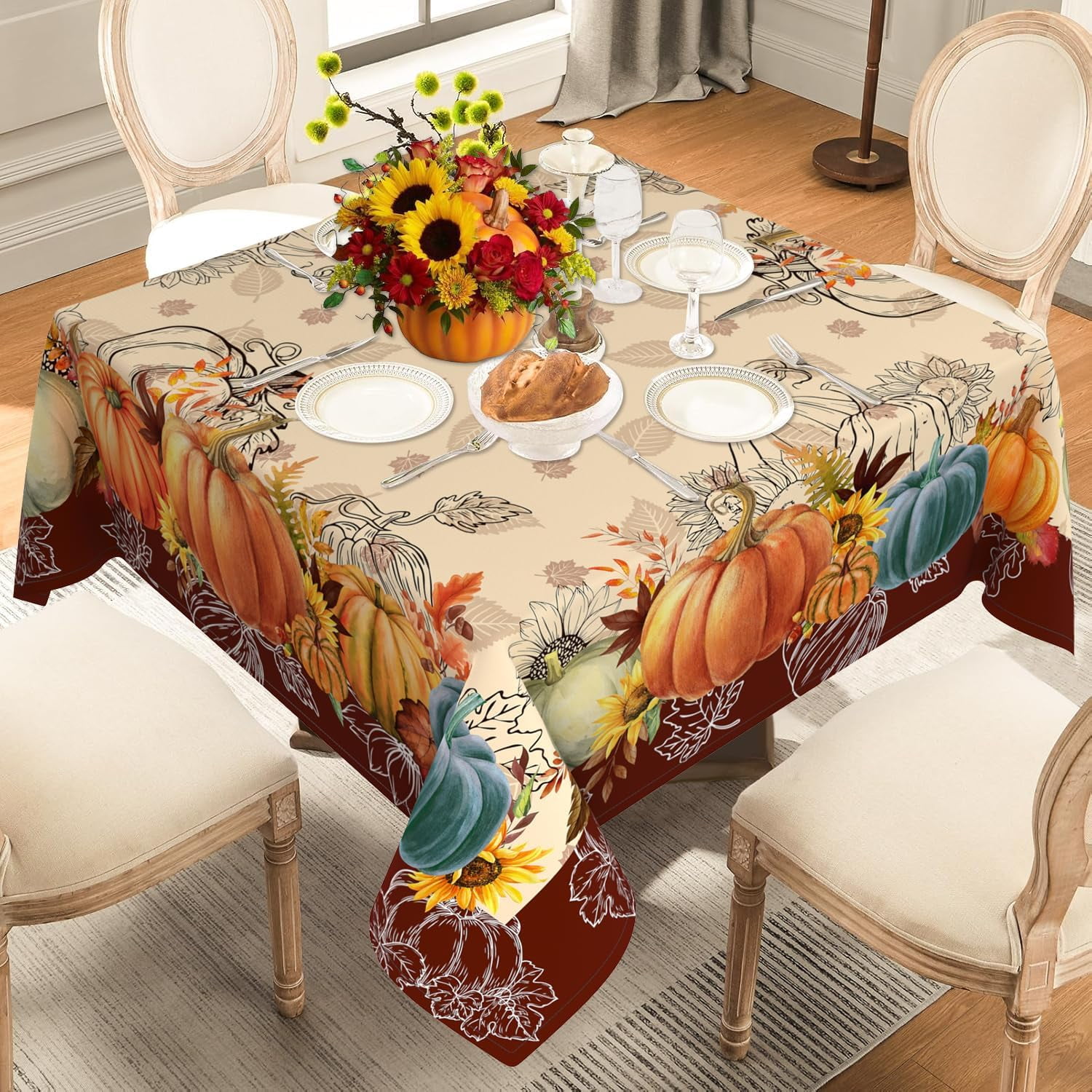 Fall Square Tablecloth, Square Fall Tablecloth 60 Inch, Autumn Pumpkin