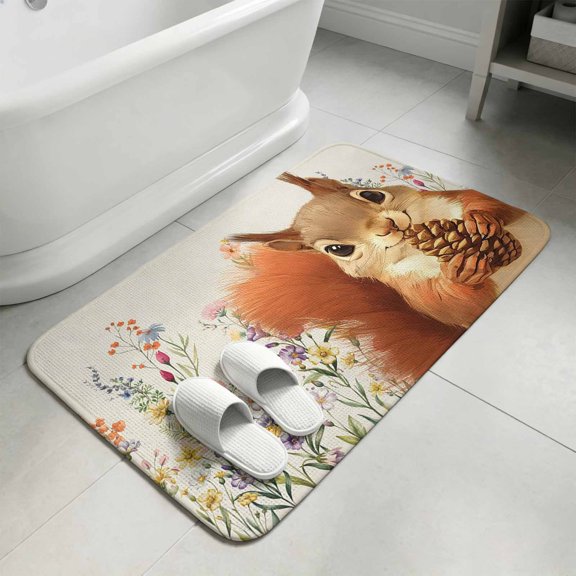 Fall Squirrel Bathroom Rugs Non Slip Washable Bath Mat Absorbent Front Door Mat Botanical Watercolor Flower Leaf Plant Indoor Doormat for Kitchen Entryway Shower Decor Accessories 15.7"x23.6"
