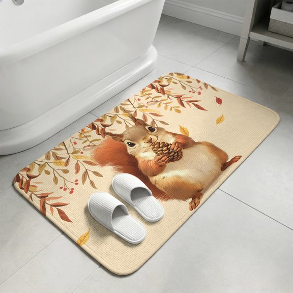 Fall Squirrel Bathroom Rugs Non Slip Washable Bath Mat Absorbent Low Pile Front Door Mat Thanksgiving Farmhouse Vintage Leaf Indoor Doormat for Kitchen Entryway Shower Decor Accessories 15.7"x23.6"