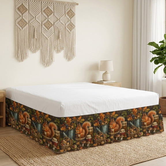 Fall Squirrel Bed Skirt Bed Skirts Queen Size 16 Inch Drop, Forest Wildlife Mushroom Oak Leaf Rustic Pinecones Wrap Around Dust Ruffle Bedskirt with Adjustable Elastic Belt for Queen Size Beds