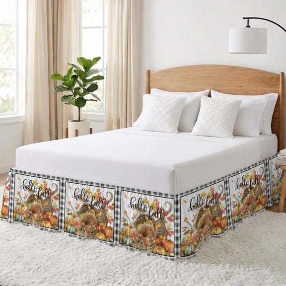 Fall Squirrel Bed Skirt California King Size 16 Inch Drop, Thanksgiving Fall Leaves Buffalo Plaid Adjustable Elastic Dust Ruffles Bedskirt Wrap Around Pleated Mattress Frame Cover