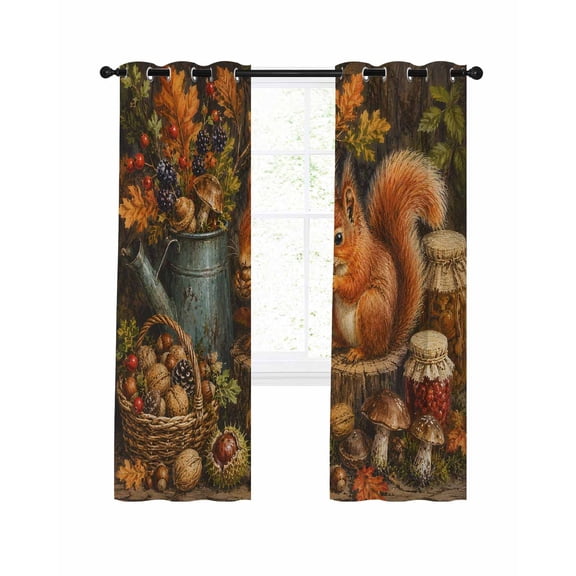 Fall Squirrel Blackout Curtains for Bedroom Living Room, Forest Wildlife Mushroom Oak Leaf Rustic Pinecones 96 In Long Thermal Insulated Room Darkening Drapes Grommet Window Treatments, 52 x 96 In