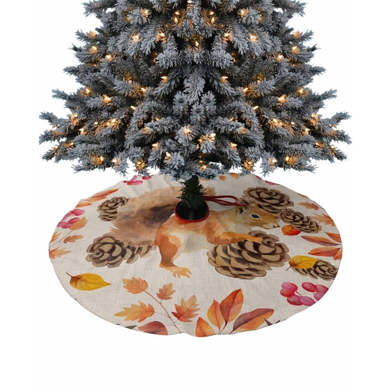 Fall Squirrel Christmas Tree Skirt 48 Inches Large Christmas Skirt Tree, Watercolor Botanical Floral Maple Leaf Tree Skirt Christmas Decorations for Fireplace Party Holidays Indoor Outdoor