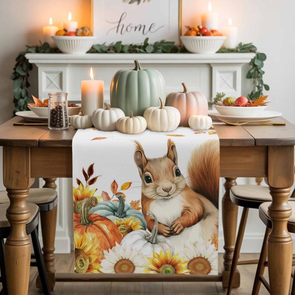 Fall Squirrel Cotton Linen Table Runner, Washable Table Runners for Kitchen, Dining Room, Holiday, Home Party Table Decor, 13x120 Inches