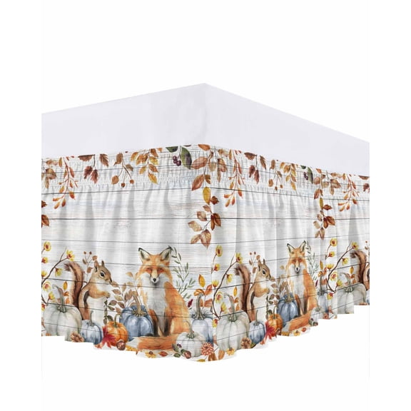 Fall Squirrel Fox Bed Skirt King Size 18 Inch Drop, Thanksgiving Pumpkin Leaf Wood Grain Wrap Around Dust Ruffle Bedskirts, Wrinkle & Fade Resistant Easy Fit Bedskirt with Adjustable Elastic