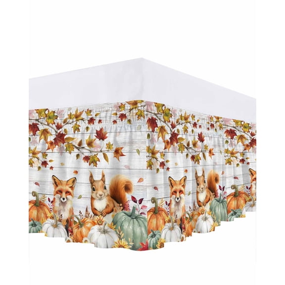 Fall Squirrel Fox Bed Skirt Queen Size 16 Inch Drop, Pumpkin Sunflower Leaf Wood Grain Wrap Around Dust Ruffle Bedskirts, Wrinkle & Fade Resistant Easy Fit Bedskirt with Adjustable Elastic