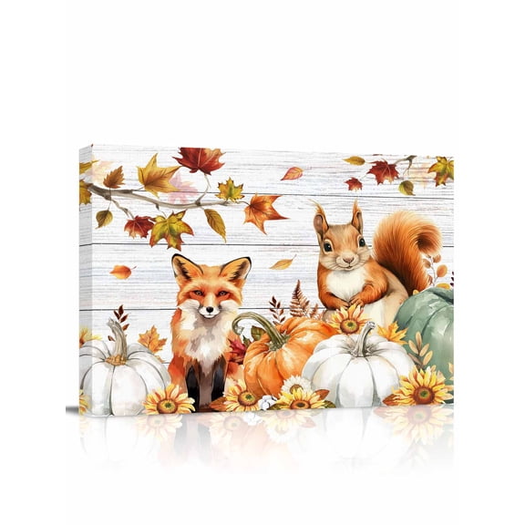 Fall Squirrel Fox Canvas Print Wall Art Framed Canvas Art Wall Decor Pumpkin Sunflower Leaf Wood Grain Pictures Painting Morden Artwork for Living Room Bedroom, Ready to Hang - 12"x16"